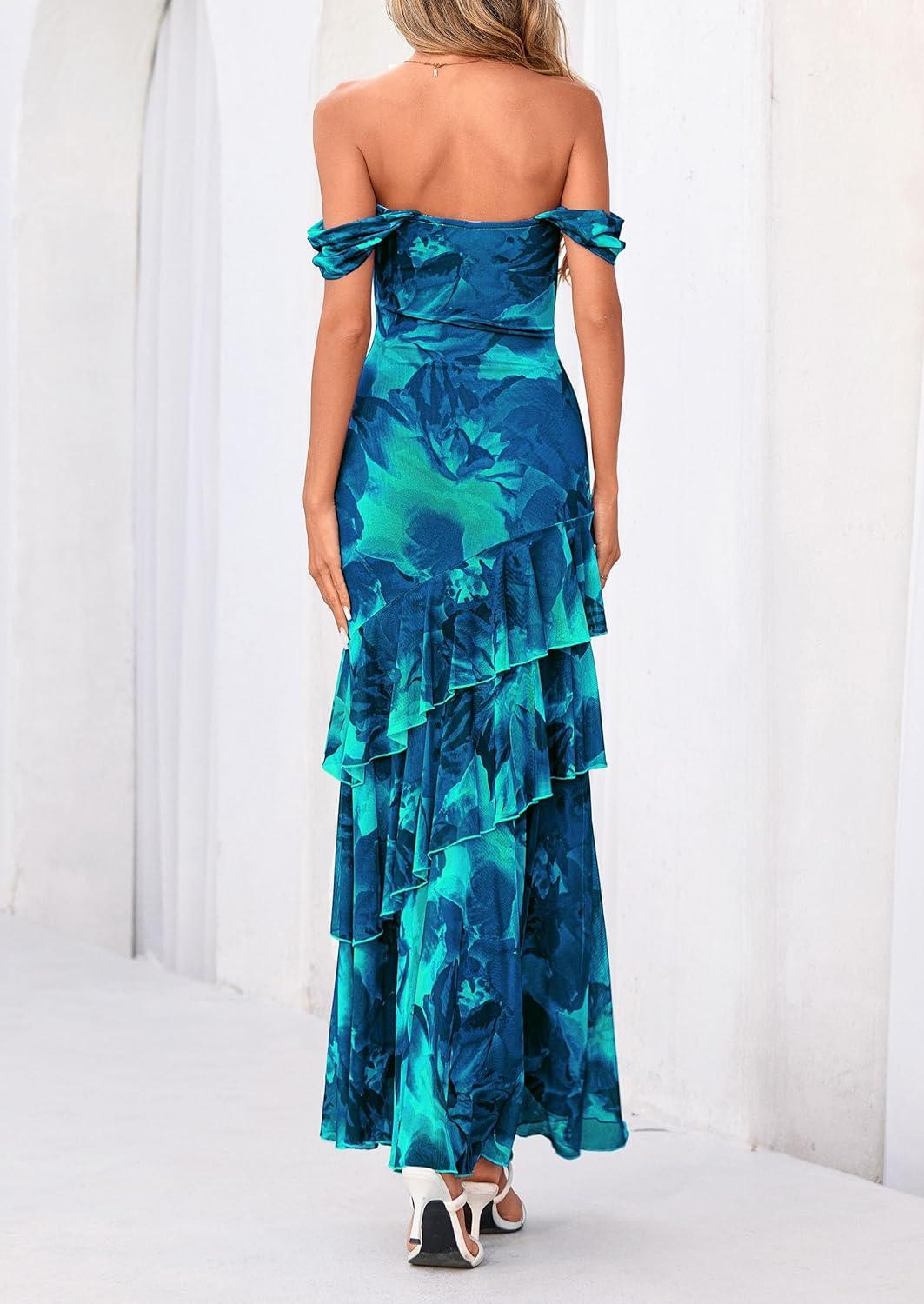 imagePRETTYGARDEN Womens Formal Cocktail Maxi Dresses 2026 Summer Off Shoulder Floral Mesh Bodycon Spring Wedding Guest DressFloral Blue Green