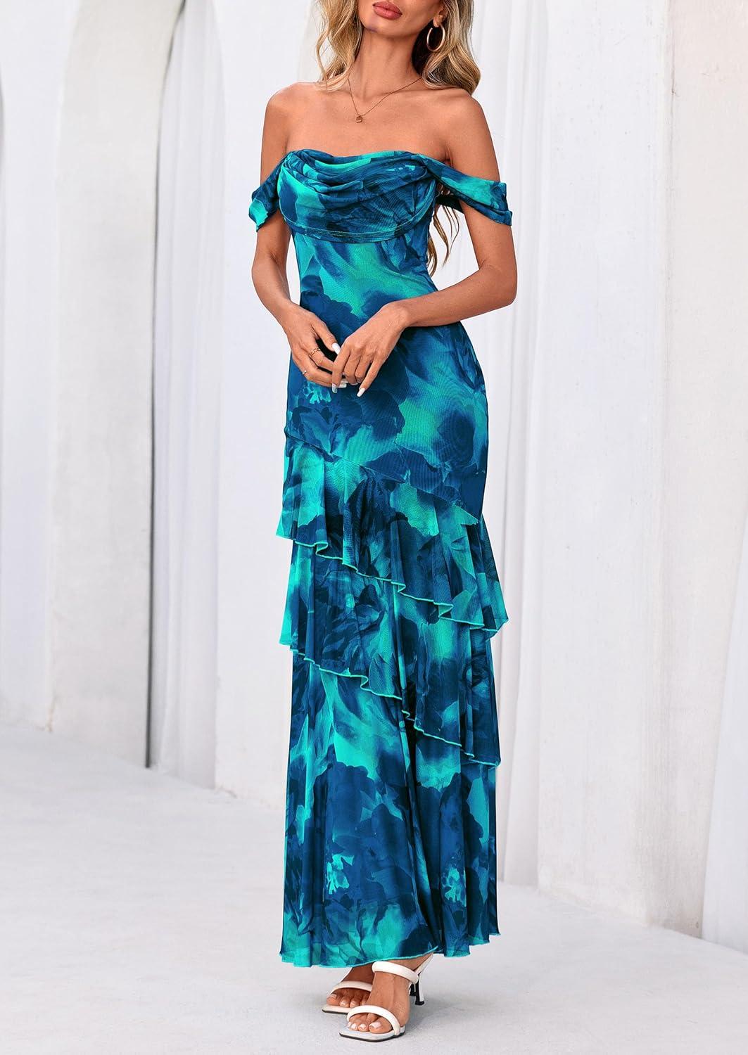 imagePRETTYGARDEN Womens Formal Cocktail Maxi Dresses 2026 Summer Off Shoulder Floral Mesh Bodycon Spring Wedding Guest DressFloral Blue Green