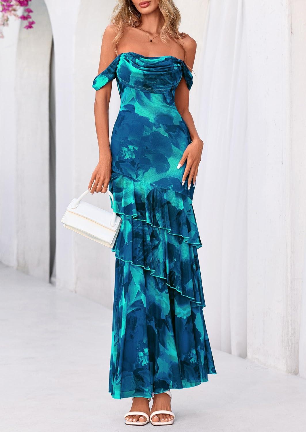 imagePRETTYGARDEN Womens Formal Cocktail Maxi Dresses 2026 Summer Off Shoulder Floral Mesh Bodycon Spring Wedding Guest DressFloral Blue Green