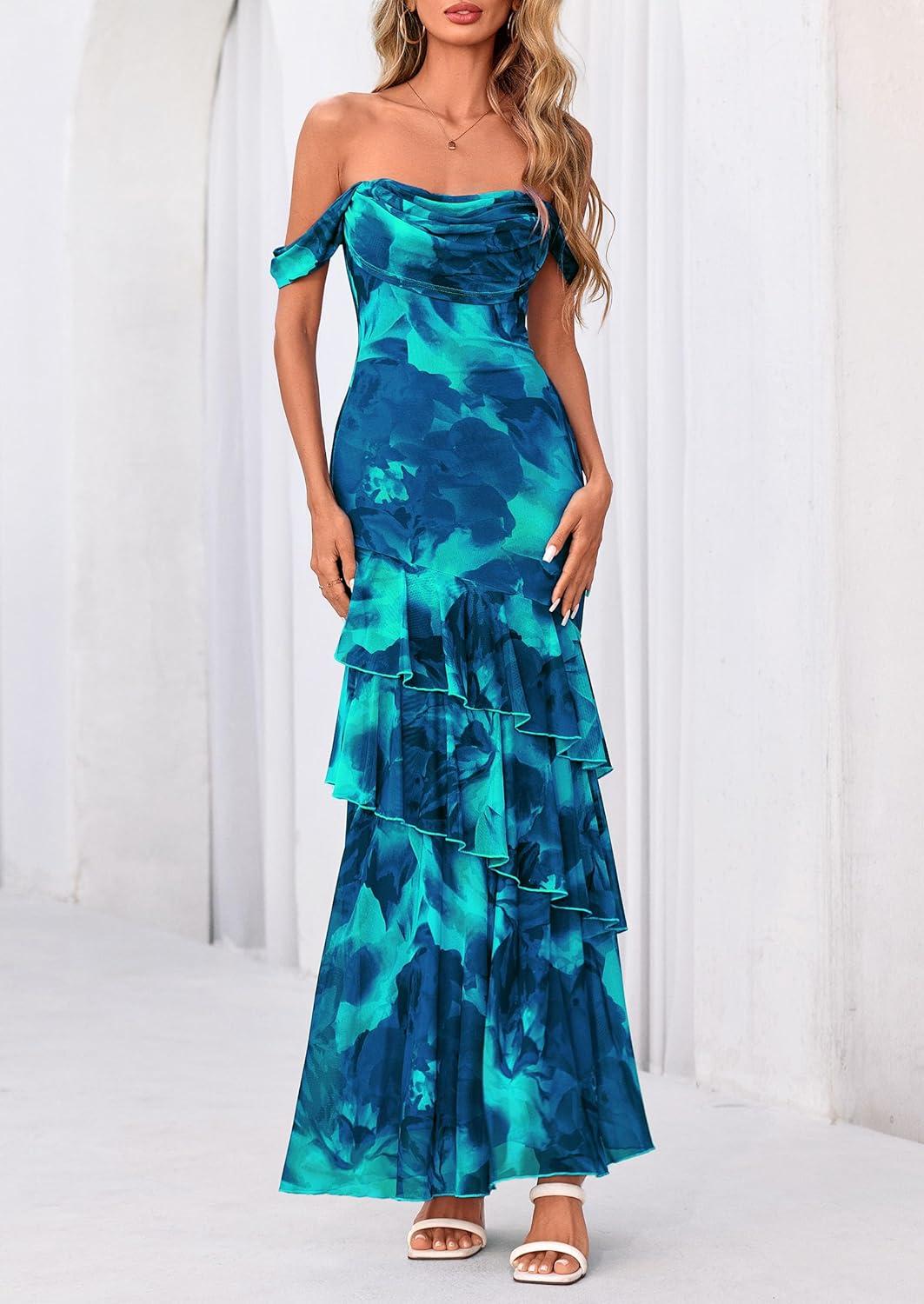 imagePRETTYGARDEN Womens Formal Cocktail Maxi Dresses 2026 Summer Off Shoulder Floral Mesh Bodycon Spring Wedding Guest DressFloral Blue Green