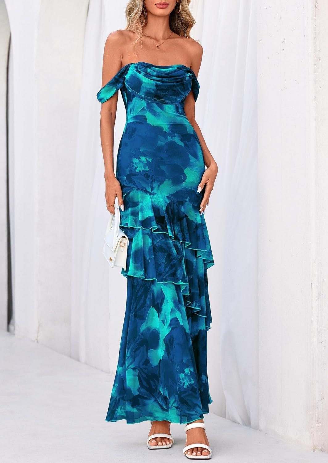 imagePRETTYGARDEN Womens Formal Cocktail Maxi Dresses 2026 Summer Off Shoulder Floral Mesh Bodycon Spring Wedding Guest DressFloral Blue Green