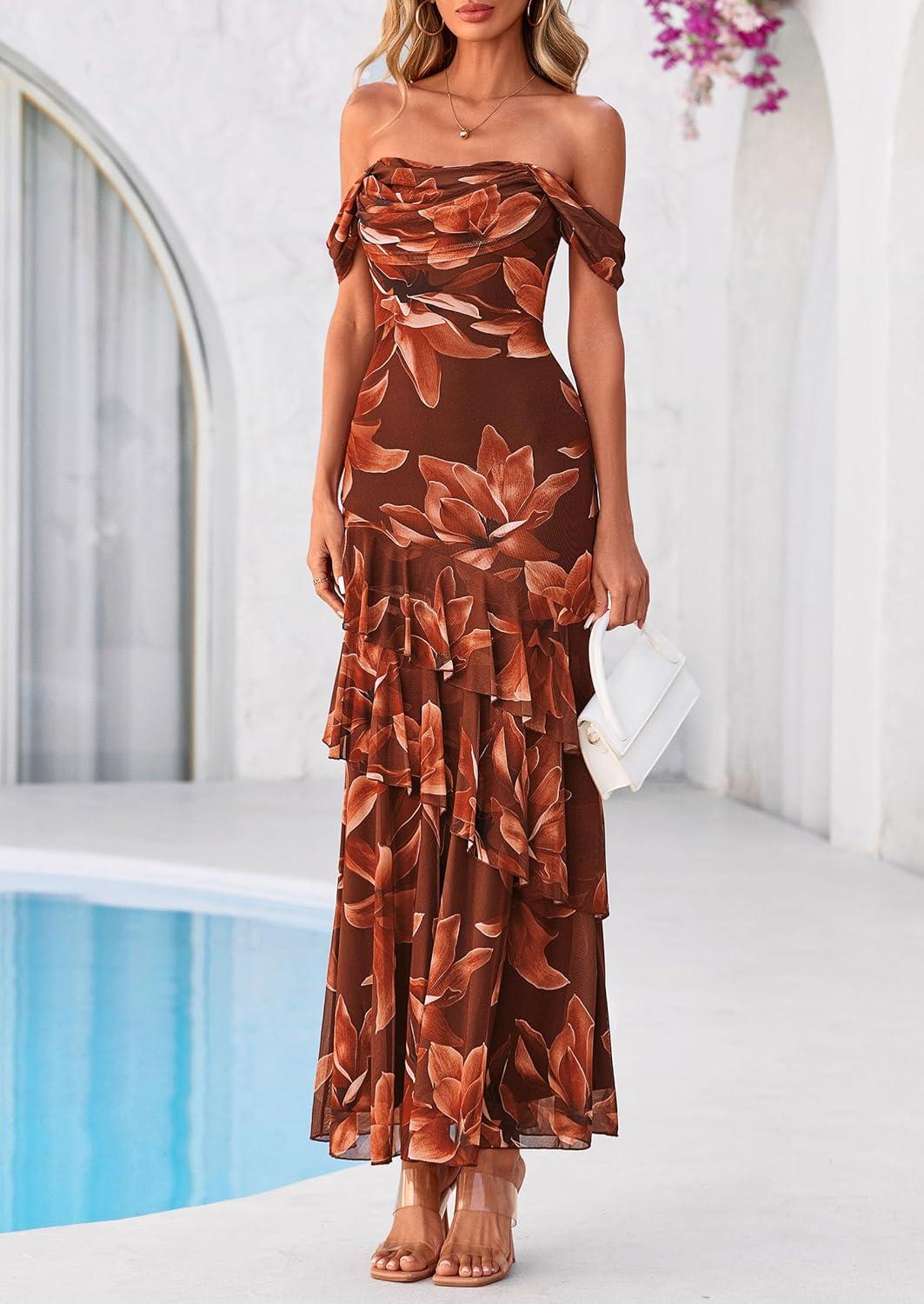 imagePRETTYGARDEN Womens Formal Cocktail Maxi Dresses 2026 Summer Off Shoulder Floral Mesh Bodycon Spring Wedding Guest DressFloral Brown
