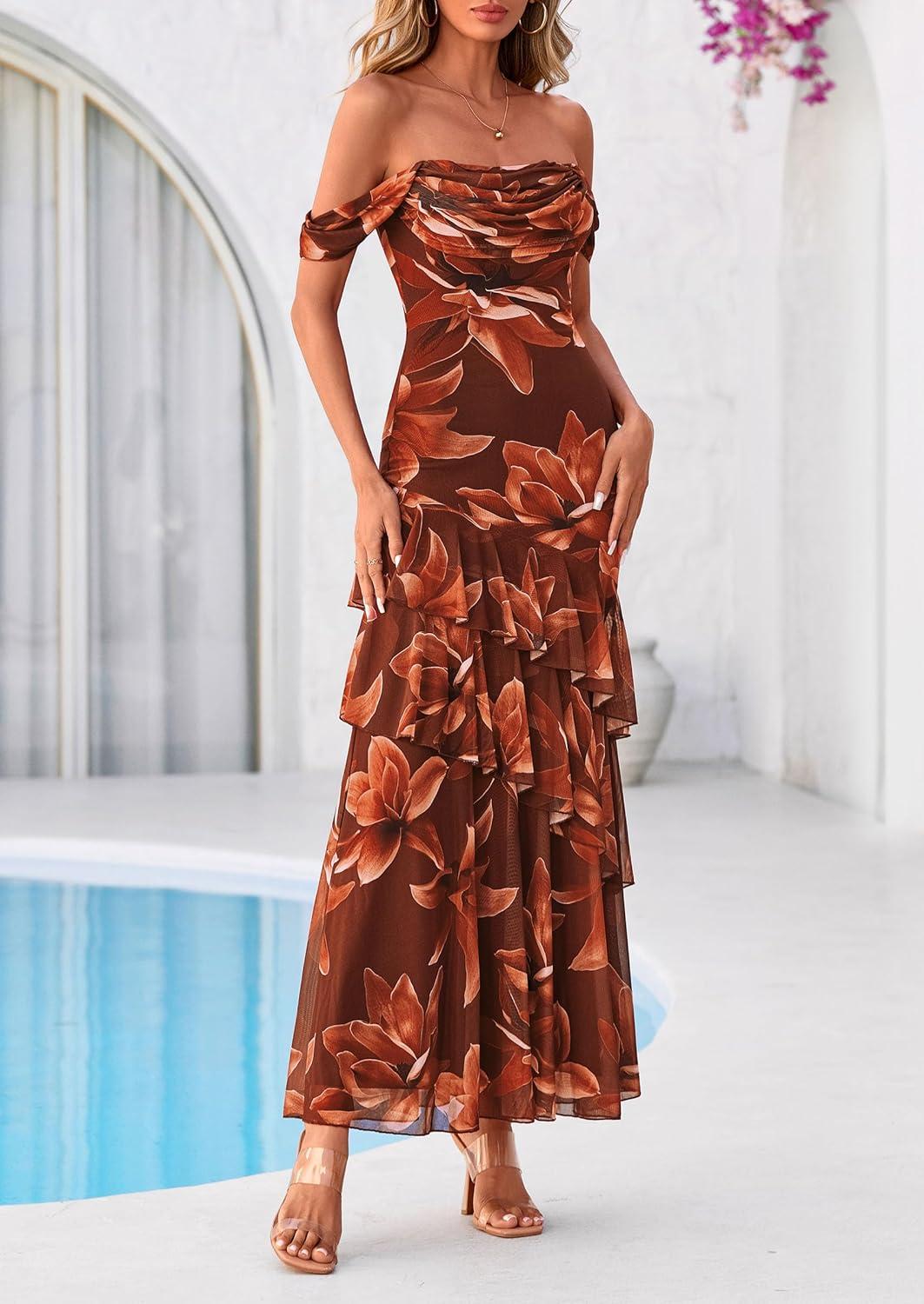imagePRETTYGARDEN Womens Formal Cocktail Maxi Dresses 2026 Summer Off Shoulder Floral Mesh Bodycon Spring Wedding Guest DressFloral Brown
