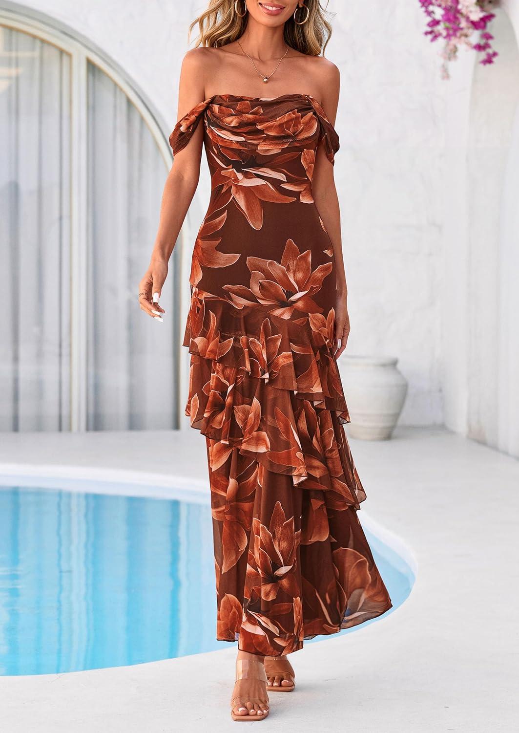 imagePRETTYGARDEN Womens Formal Cocktail Maxi Dresses 2026 Summer Off Shoulder Floral Mesh Bodycon Spring Wedding Guest DressFloral Brown
