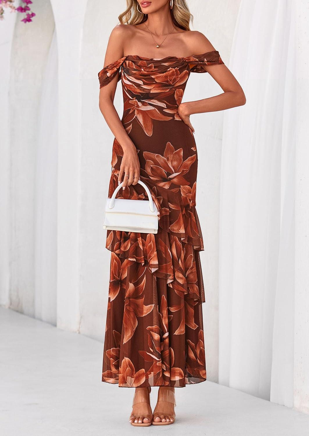 imagePRETTYGARDEN Womens Formal Cocktail Maxi Dresses 2026 Summer Off Shoulder Floral Mesh Bodycon Spring Wedding Guest DressFloral Brown