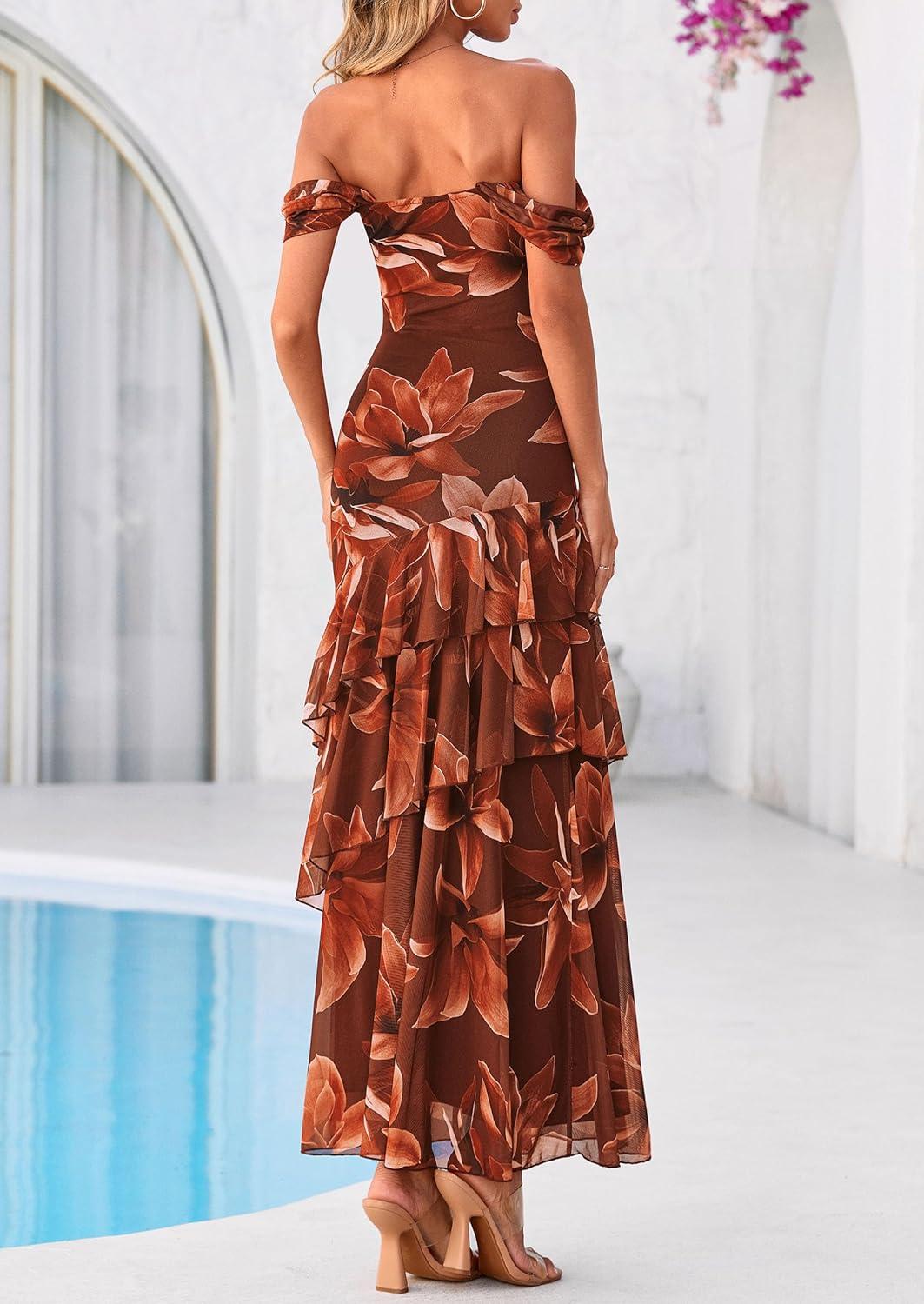 imagePRETTYGARDEN Womens Formal Cocktail Maxi Dresses 2026 Summer Off Shoulder Floral Mesh Bodycon Spring Wedding Guest DressFloral Brown