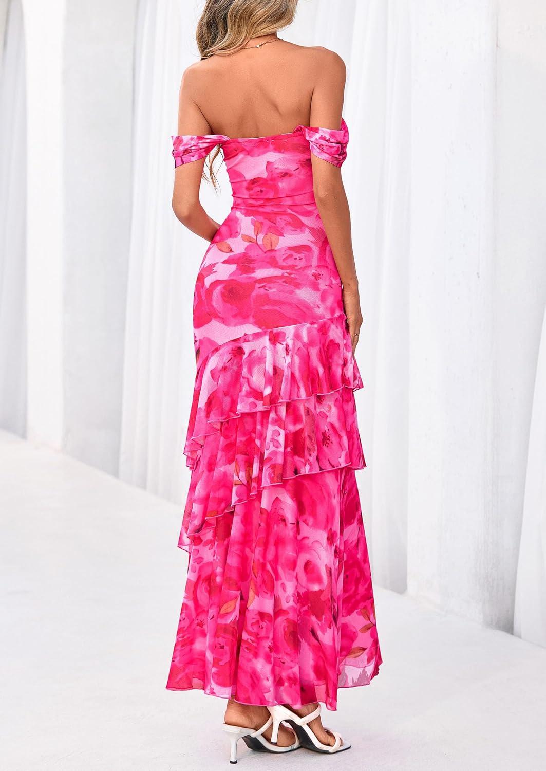 imagePRETTYGARDEN Womens Formal Cocktail Maxi Dresses 2026 Summer Off Shoulder Floral Mesh Bodycon Spring Wedding Guest DressFloral Pink