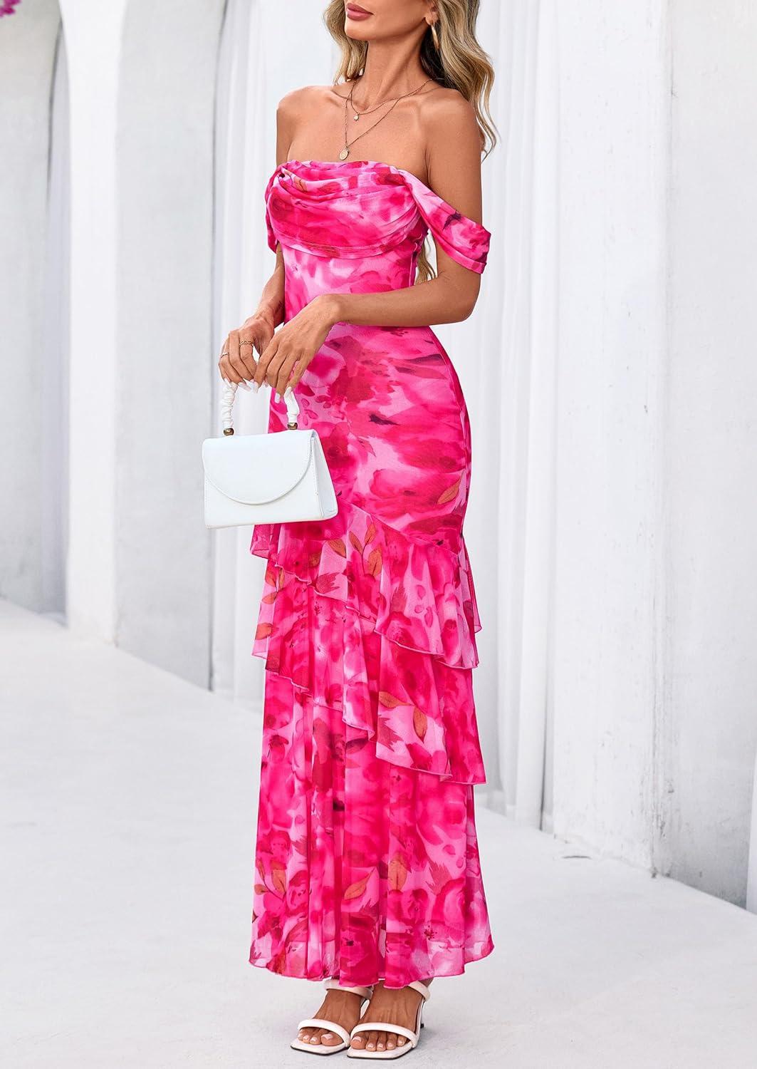 imagePRETTYGARDEN Womens Formal Cocktail Maxi Dresses 2026 Summer Off Shoulder Floral Mesh Bodycon Spring Wedding Guest DressFloral Pink