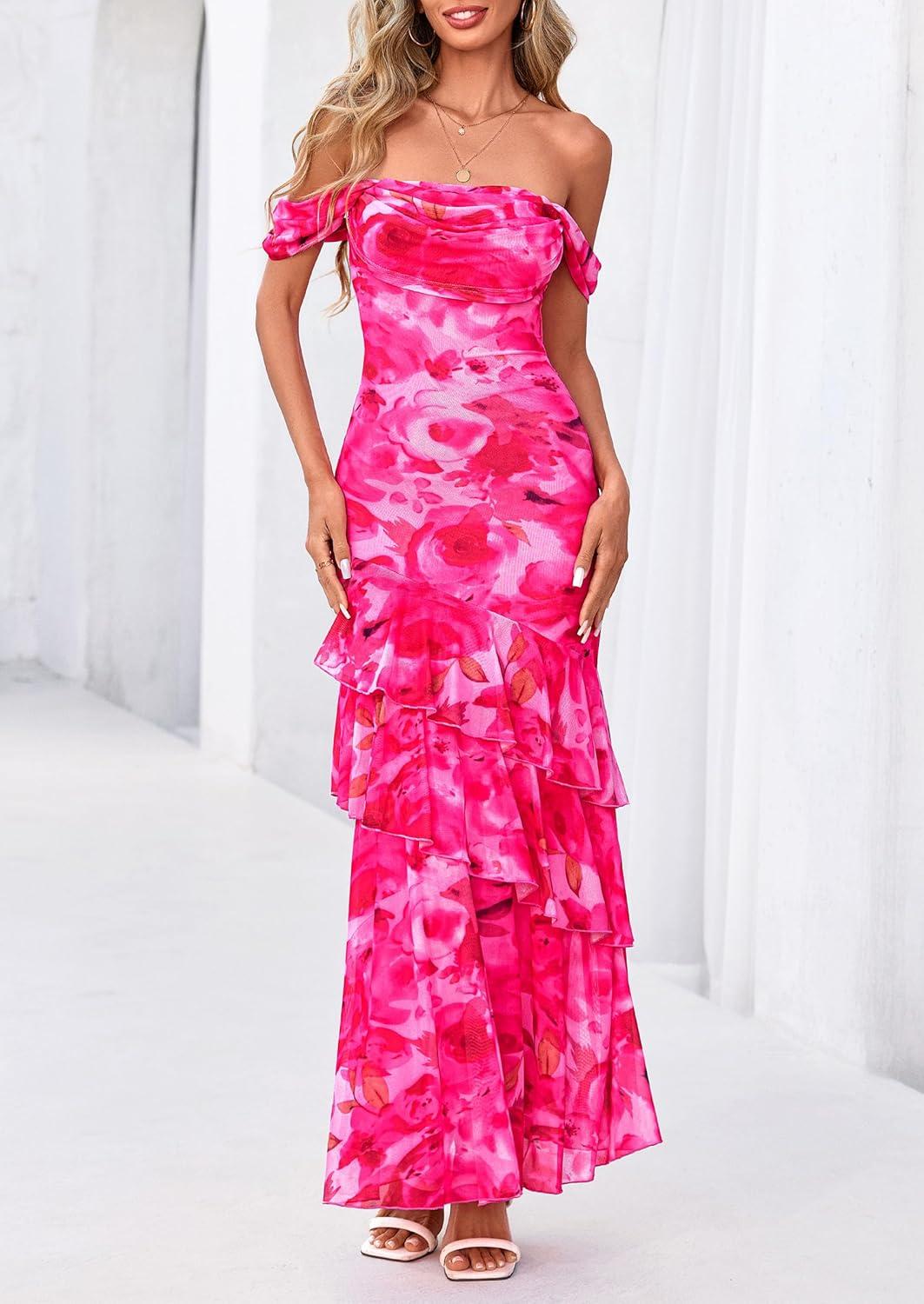 imagePRETTYGARDEN Womens Formal Cocktail Maxi Dresses 2026 Summer Off Shoulder Floral Mesh Bodycon Spring Wedding Guest DressFloral Pink