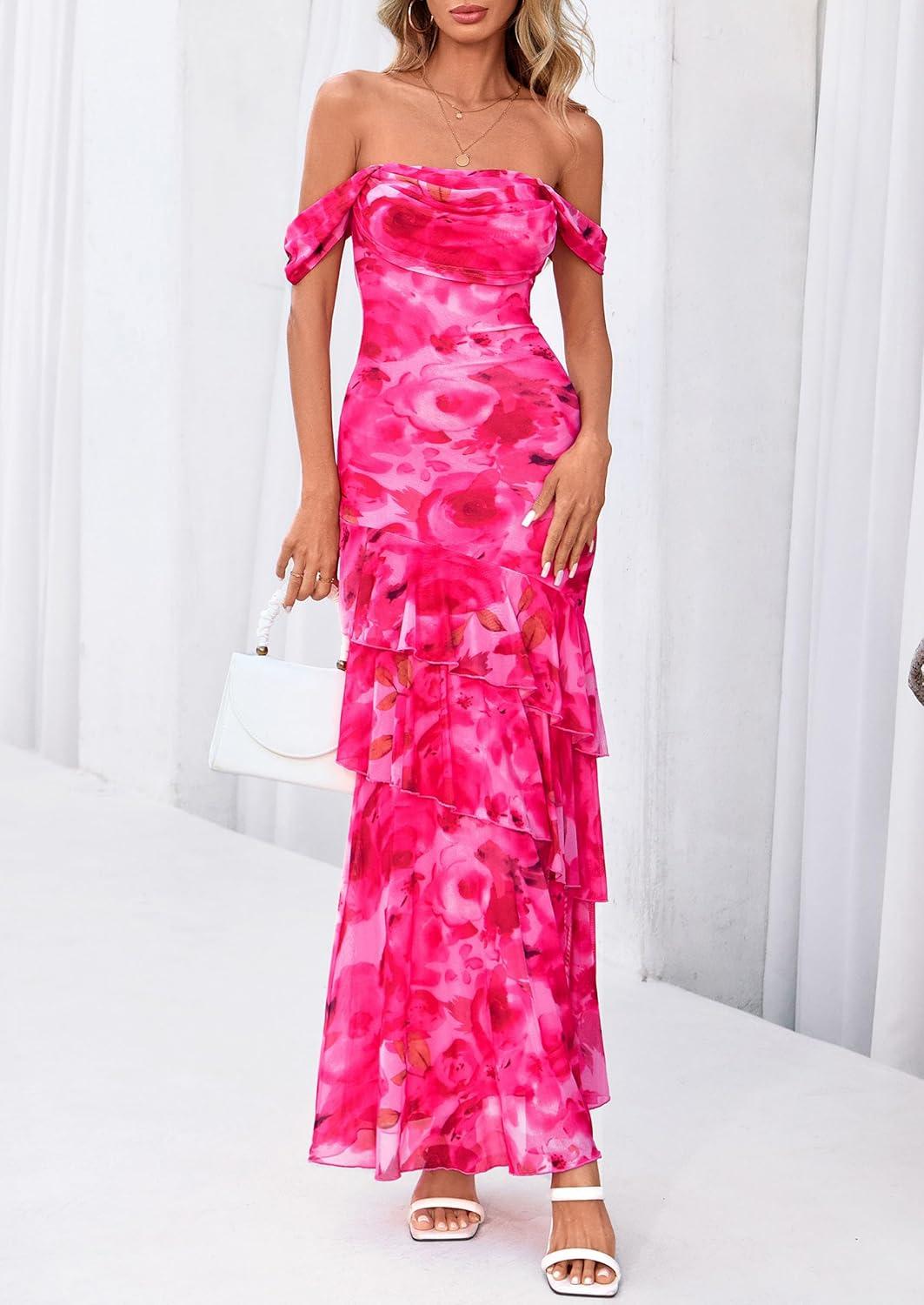 imagePRETTYGARDEN Womens Formal Cocktail Maxi Dresses 2026 Summer Off Shoulder Floral Mesh Bodycon Spring Wedding Guest DressFloral Pink