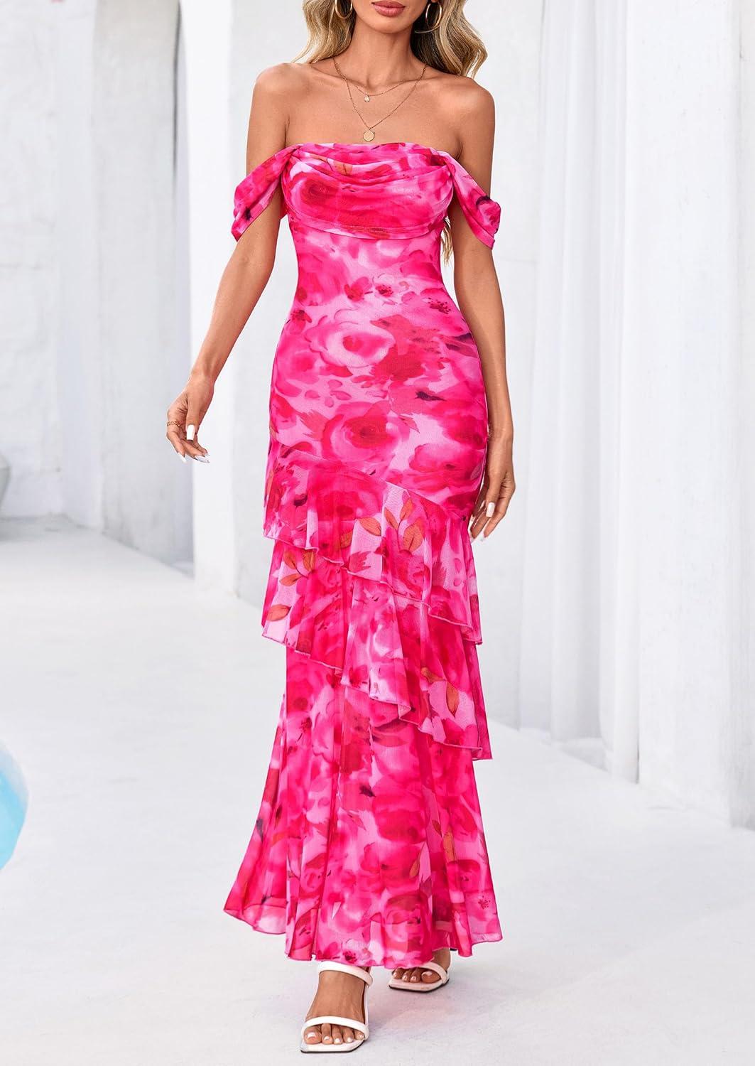 imagePRETTYGARDEN Womens Formal Cocktail Maxi Dresses 2026 Summer Off Shoulder Floral Mesh Bodycon Spring Wedding Guest DressFloral Pink
