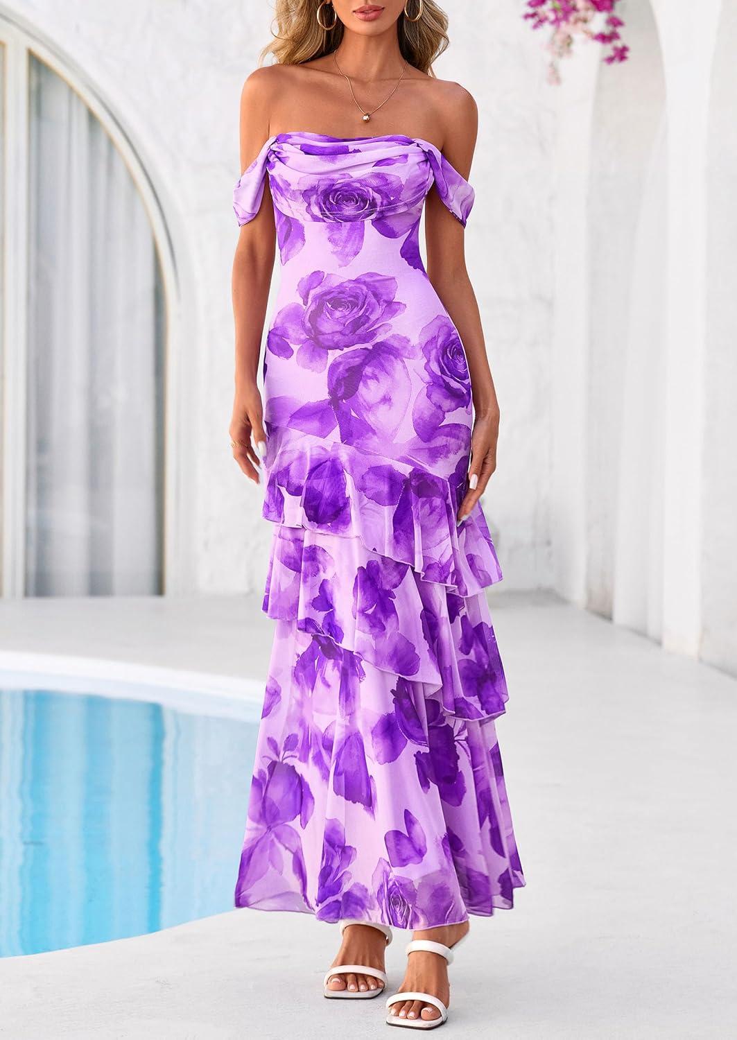 imagePRETTYGARDEN Womens Formal Cocktail Maxi Dresses 2026 Summer Off Shoulder Floral Mesh Bodycon Spring Wedding Guest DressFloral Purple
