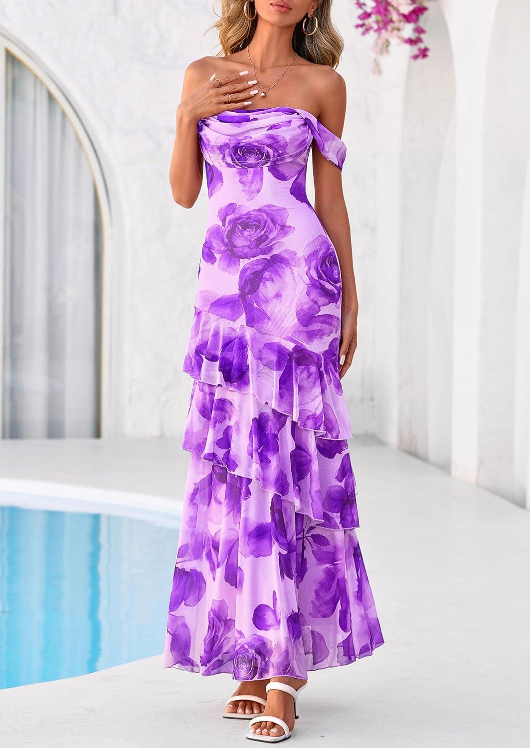 imagePRETTYGARDEN Womens Formal Cocktail Maxi Dresses 2026 Summer Off Shoulder Floral Mesh Bodycon Spring Wedding Guest DressFloral Purple