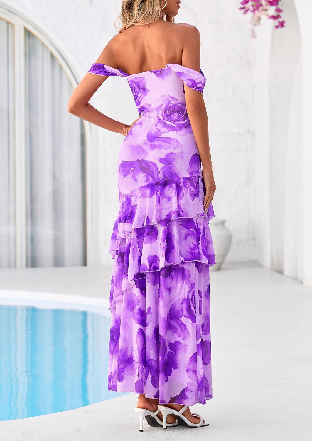 imagePRETTYGARDEN Womens Formal Cocktail Maxi Dresses 2026 Summer Off Shoulder Floral Mesh Bodycon Spring Wedding Guest DressFloral Purple