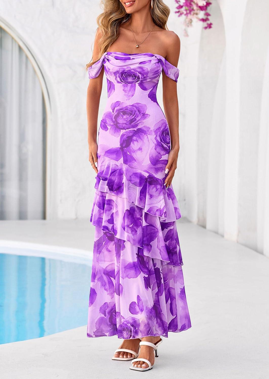 imagePRETTYGARDEN Womens Formal Cocktail Maxi Dresses 2026 Summer Off Shoulder Floral Mesh Bodycon Spring Wedding Guest DressFloral Purple