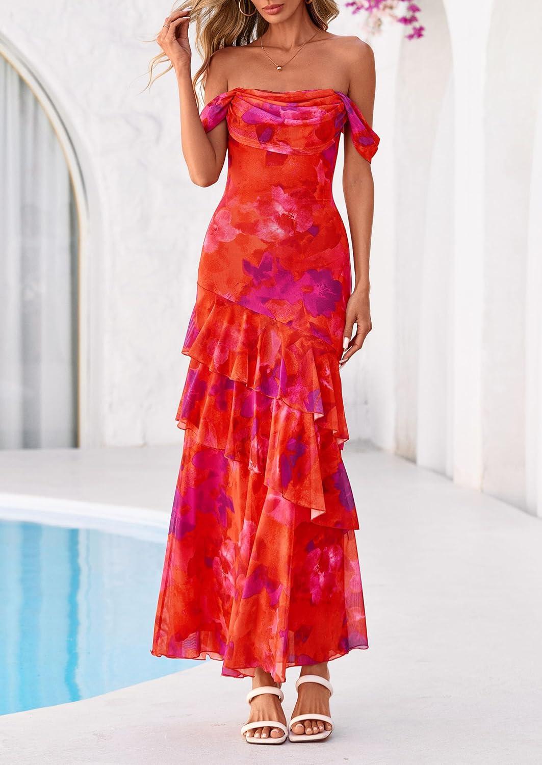 imagePRETTYGARDEN Womens Formal Cocktail Maxi Dresses 2026 Summer Off Shoulder Floral Mesh Bodycon Spring Wedding Guest DressFloral Red