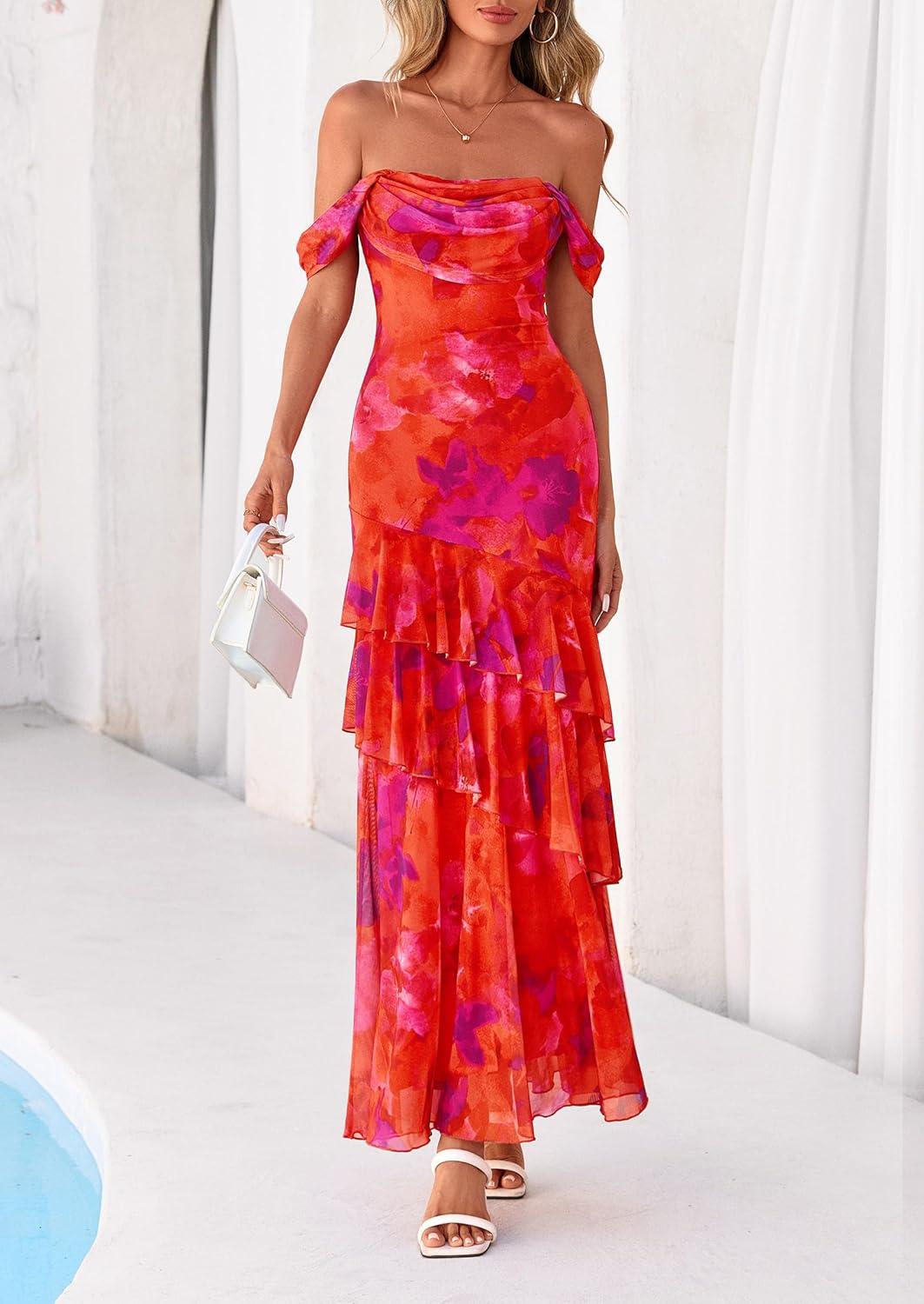 imagePRETTYGARDEN Womens Formal Cocktail Maxi Dresses 2026 Summer Off Shoulder Floral Mesh Bodycon Spring Wedding Guest DressFloral Red