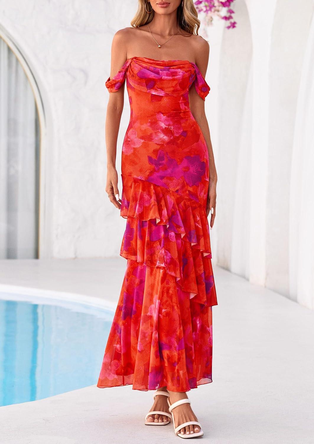 imagePRETTYGARDEN Womens Formal Cocktail Maxi Dresses 2026 Summer Off Shoulder Floral Mesh Bodycon Spring Wedding Guest DressFloral Red