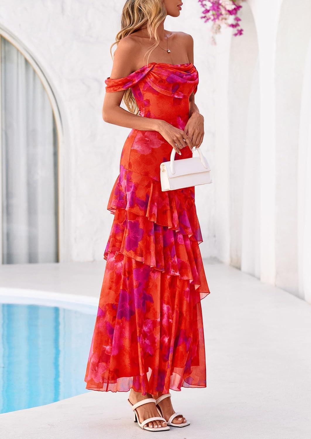 imagePRETTYGARDEN Womens Formal Cocktail Maxi Dresses 2026 Summer Off Shoulder Floral Mesh Bodycon Spring Wedding Guest DressFloral Red