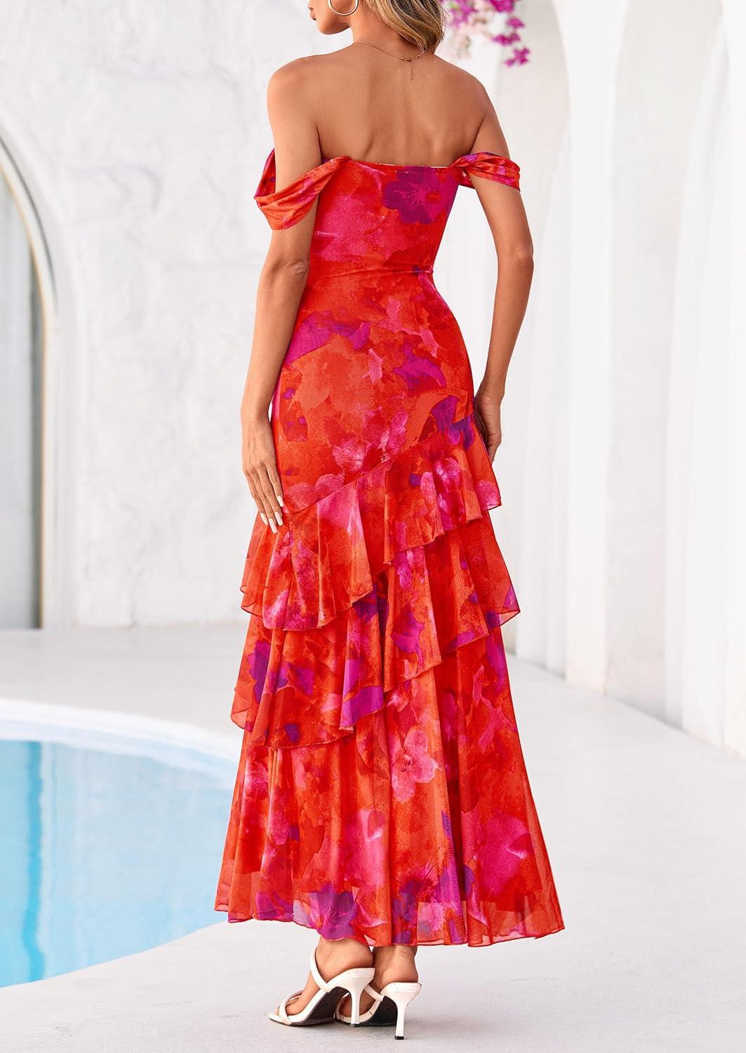 imagePRETTYGARDEN Womens Formal Cocktail Maxi Dresses 2026 Summer Off Shoulder Floral Mesh Bodycon Spring Wedding Guest DressFloral Red