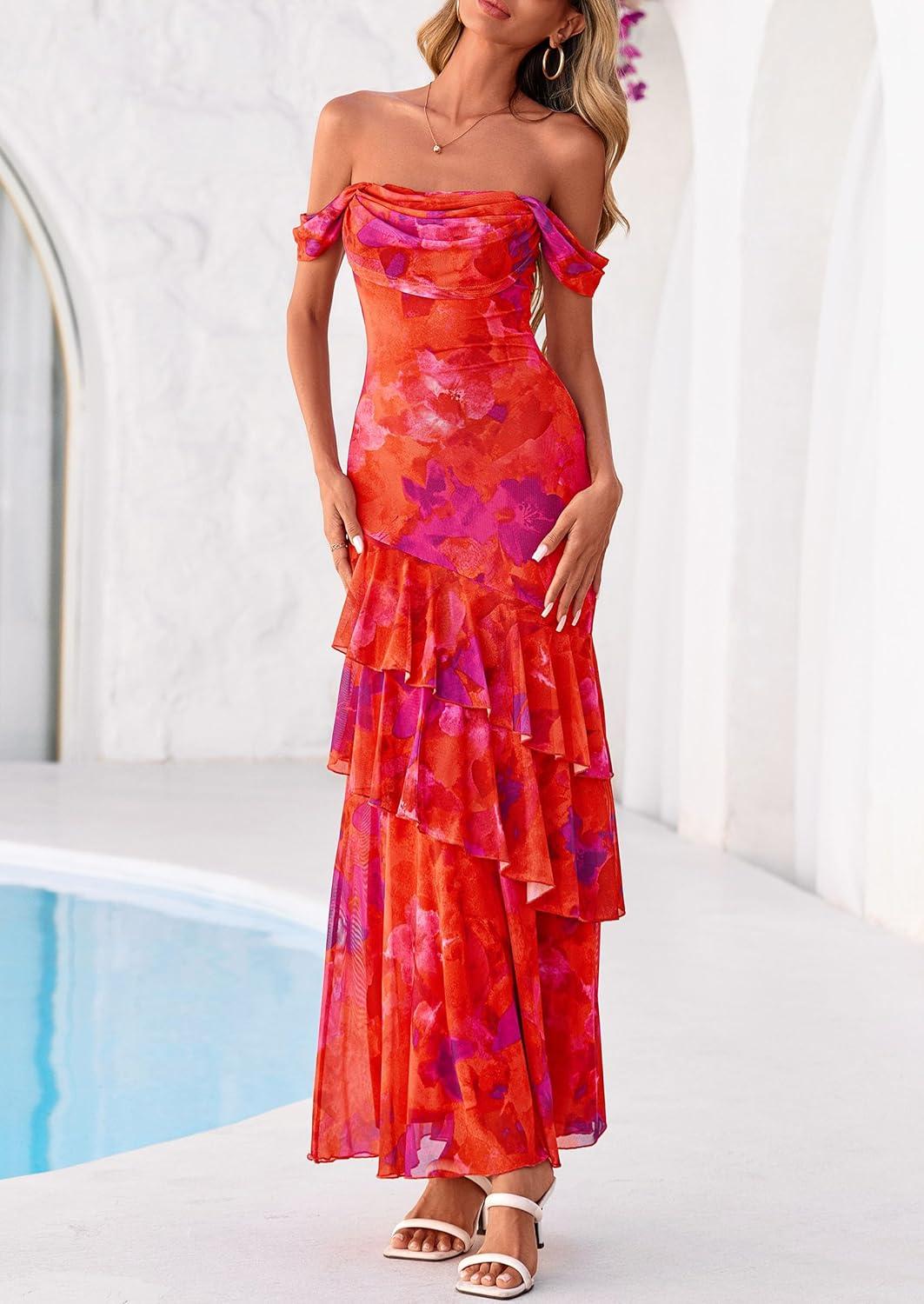 imagePRETTYGARDEN Womens Formal Cocktail Maxi Dresses 2026 Summer Off Shoulder Floral Mesh Bodycon Spring Wedding Guest DressFloral Red