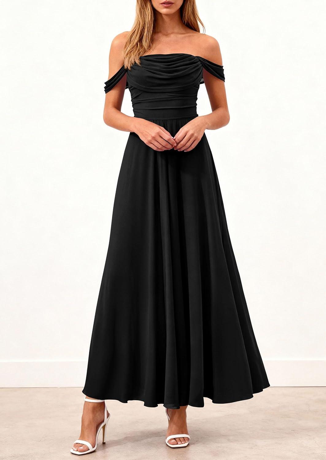 imagePRETTYGARDEN Womens Off Shoulder Maxi Summer Dresses 2026 Elegant Mesh Aline Swing Ruched Flowy Cocktail Wedding Guest DressBlack