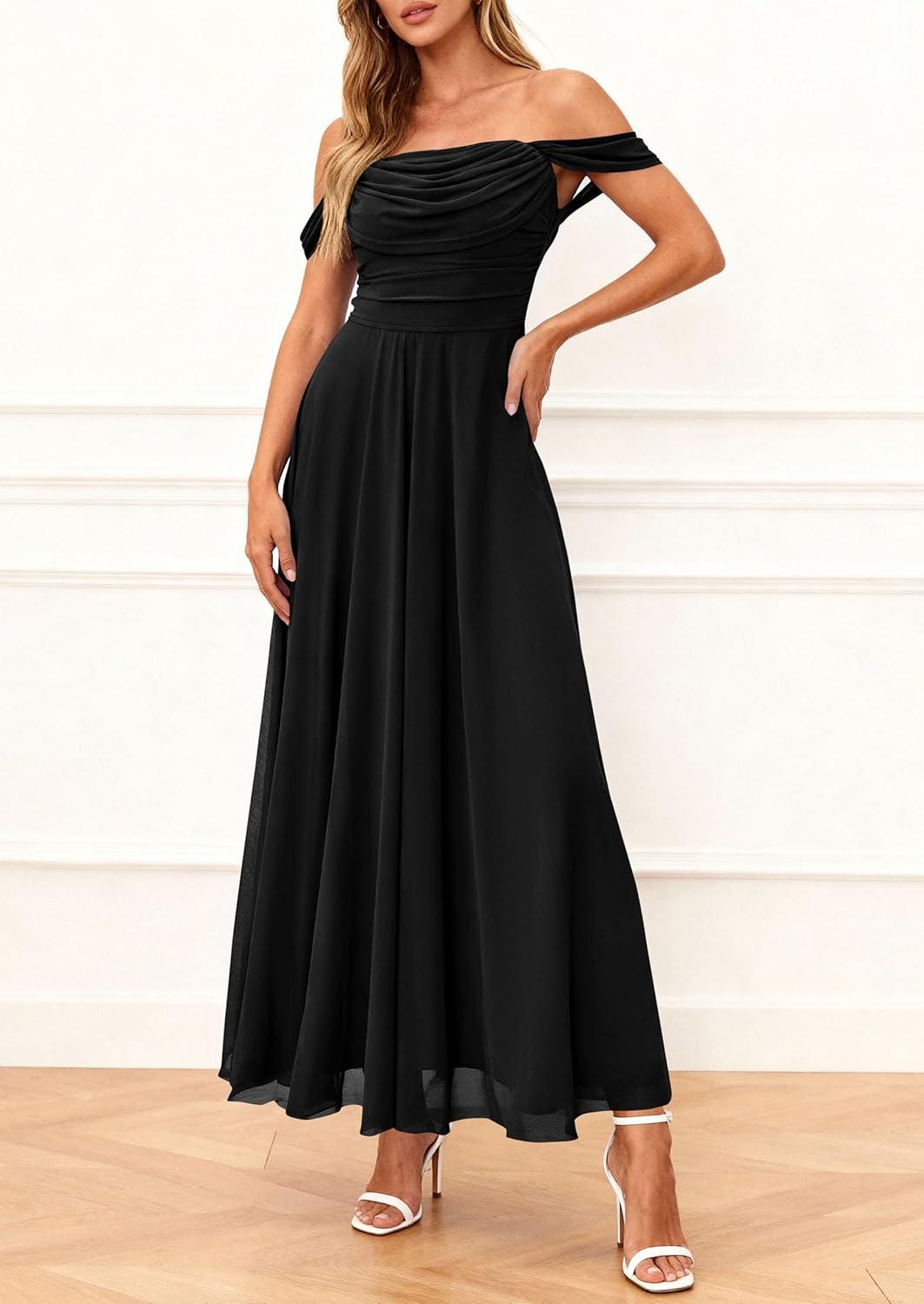 imagePRETTYGARDEN Womens Off Shoulder Maxi Summer Dresses 2026 Elegant Mesh Aline Swing Ruched Flowy Cocktail Wedding Guest DressBlack