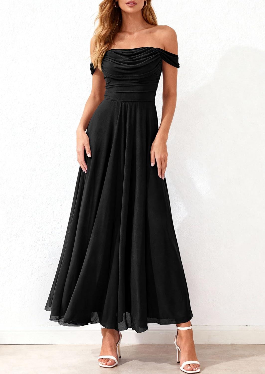 imagePRETTYGARDEN Womens Off Shoulder Maxi Summer Dresses 2026 Elegant Mesh Aline Swing Ruched Flowy Cocktail Wedding Guest DressBlack
