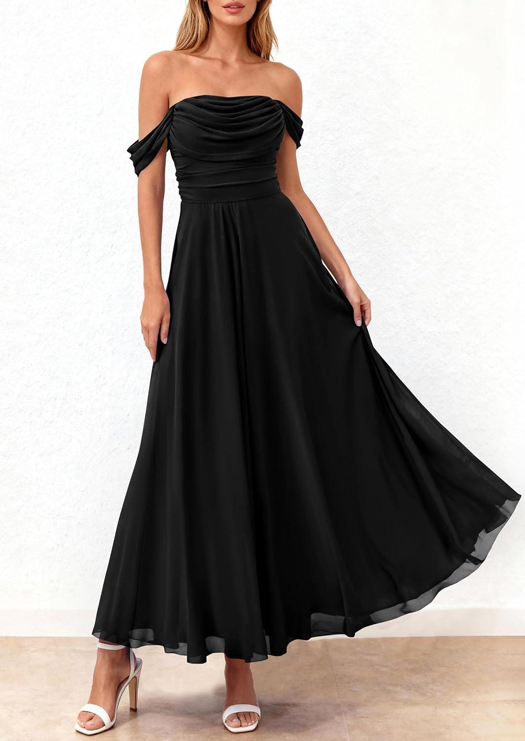 imagePRETTYGARDEN Womens Off Shoulder Maxi Summer Dresses 2026 Elegant Mesh Aline Swing Ruched Flowy Cocktail Wedding Guest DressBlack