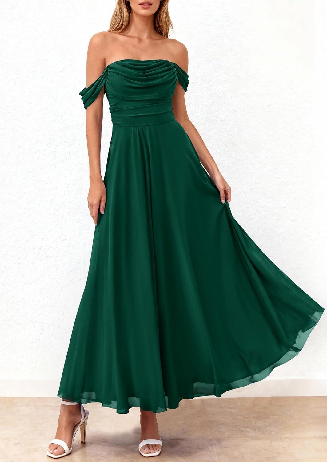 imagePRETTYGARDEN Womens Off Shoulder Maxi Summer Dresses 2026 Elegant Mesh Aline Swing Ruched Flowy Cocktail Wedding Guest DressDark Green