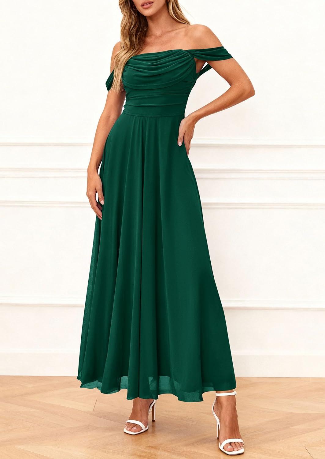 imagePRETTYGARDEN Womens Off Shoulder Maxi Summer Dresses 2026 Elegant Mesh Aline Swing Ruched Flowy Cocktail Wedding Guest DressDark Green