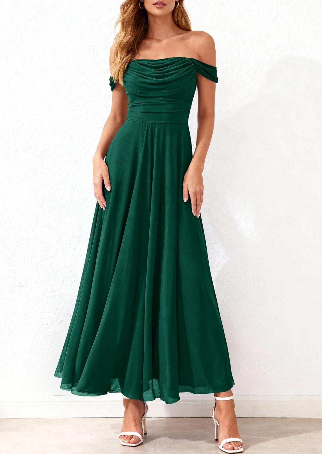 imagePRETTYGARDEN Womens Off Shoulder Maxi Summer Dresses 2026 Elegant Mesh Aline Swing Ruched Flowy Cocktail Wedding Guest DressDark Green