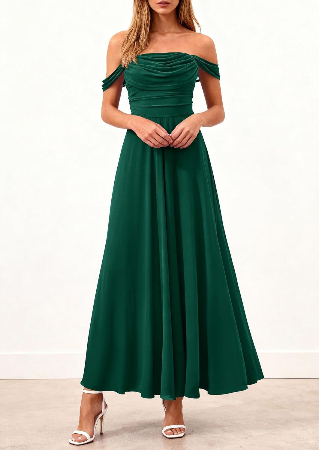 imagePRETTYGARDEN Womens Off Shoulder Maxi Summer Dresses 2026 Elegant Mesh Aline Swing Ruched Flowy Cocktail Wedding Guest DressDark Green