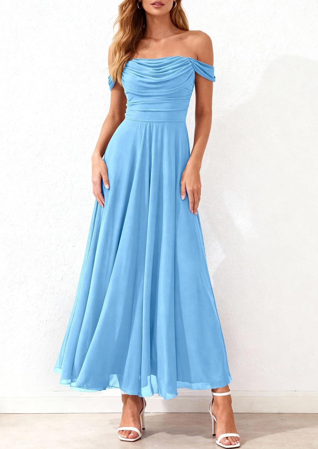 imagePRETTYGARDEN Womens Off Shoulder Maxi Summer Dresses 2026 Elegant Mesh Aline Swing Ruched Flowy Cocktail Wedding Guest DressLight Blue