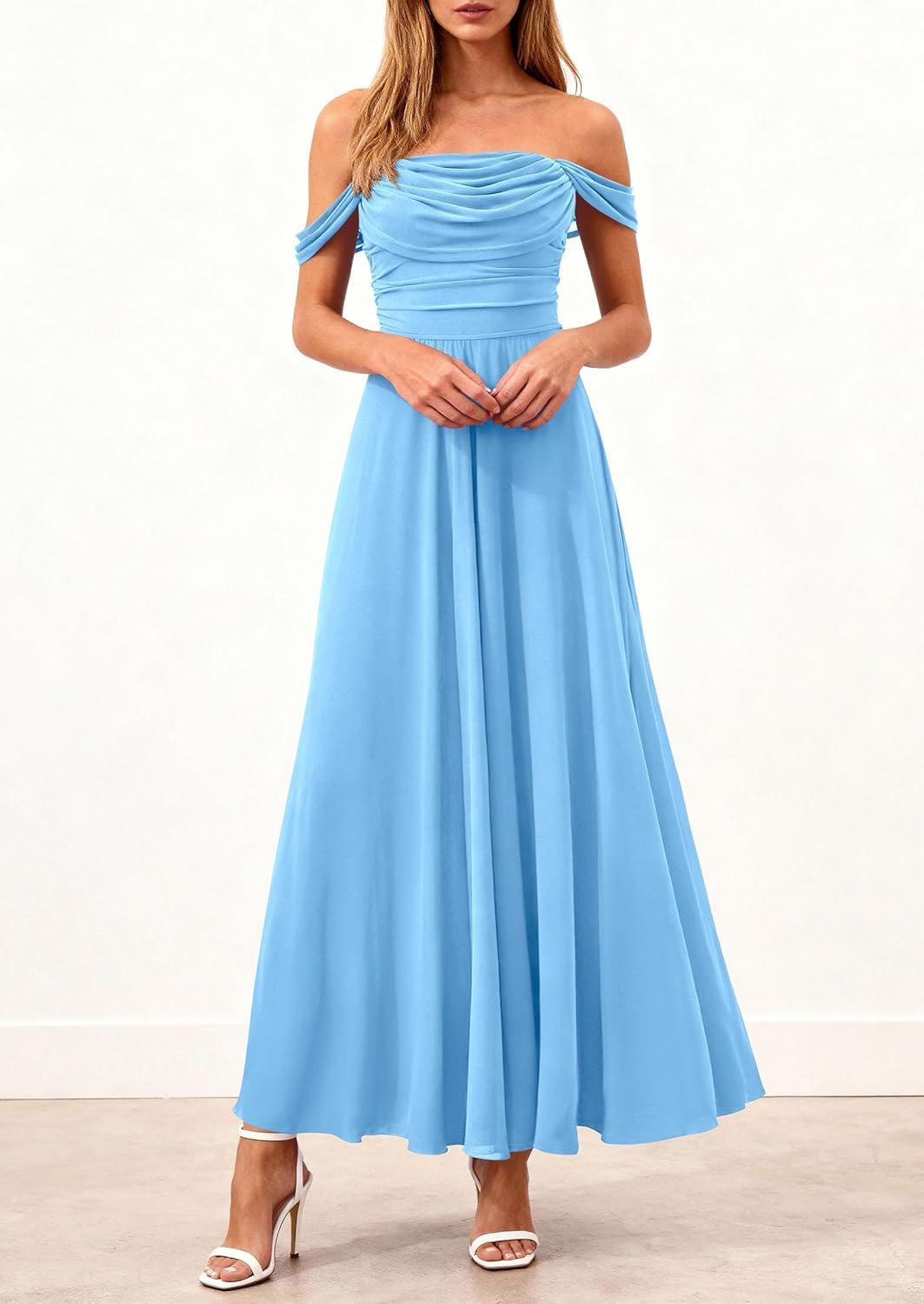 imagePRETTYGARDEN Womens Off Shoulder Maxi Summer Dresses 2026 Elegant Mesh Aline Swing Ruched Flowy Cocktail Wedding Guest DressLight Blue