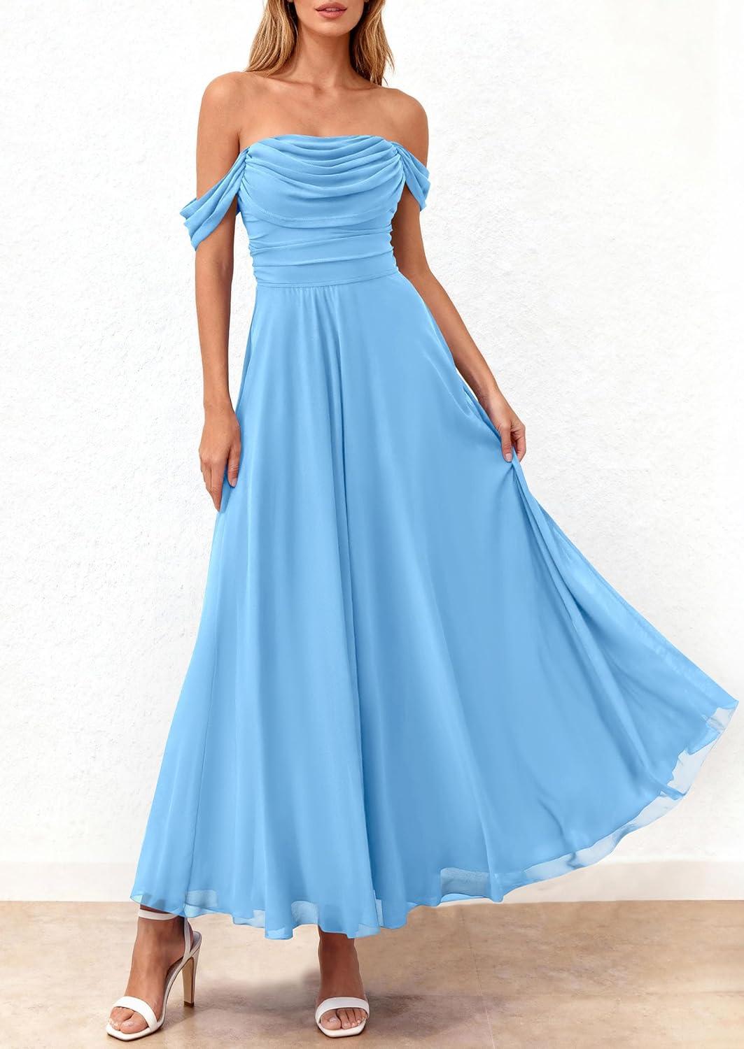 imagePRETTYGARDEN Womens Off Shoulder Maxi Summer Dresses 2026 Elegant Mesh Aline Swing Ruched Flowy Cocktail Wedding Guest DressLight Blue