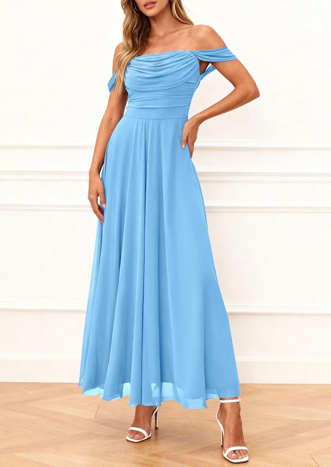 imagePRETTYGARDEN Womens Off Shoulder Maxi Summer Dresses 2026 Elegant Mesh Aline Swing Ruched Flowy Cocktail Wedding Guest DressLight Blue