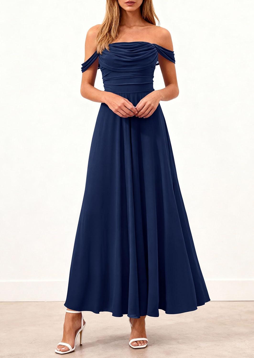 imagePRETTYGARDEN Womens Off Shoulder Maxi Summer Dresses 2026 Elegant Mesh Aline Swing Ruched Flowy Cocktail Wedding Guest DressNavy
