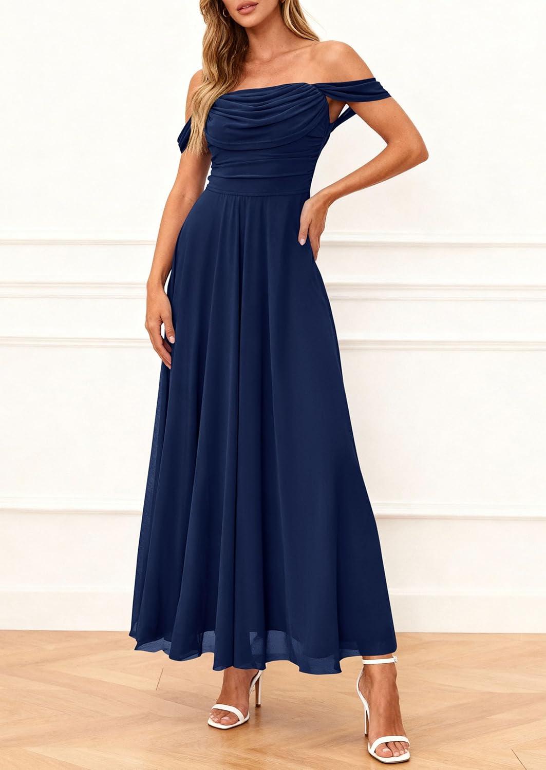 imagePRETTYGARDEN Womens Off Shoulder Maxi Summer Dresses 2026 Elegant Mesh Aline Swing Ruched Flowy Cocktail Wedding Guest DressNavy