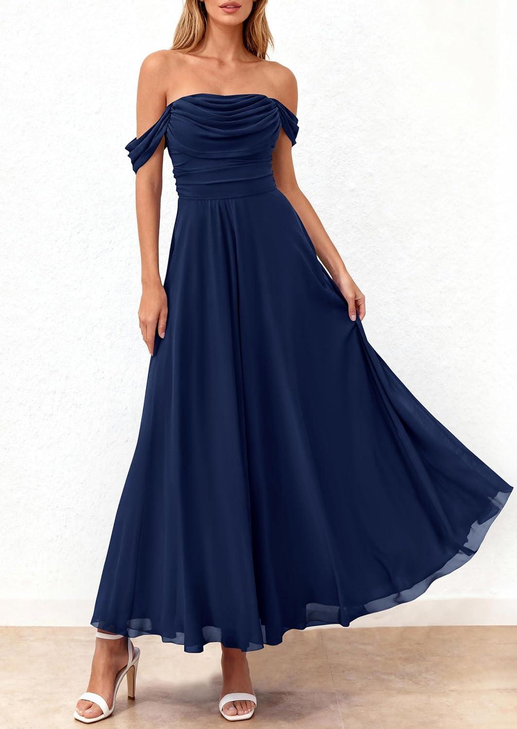 imagePRETTYGARDEN Womens Off Shoulder Maxi Summer Dresses 2026 Elegant Mesh Aline Swing Ruched Flowy Cocktail Wedding Guest DressNavy