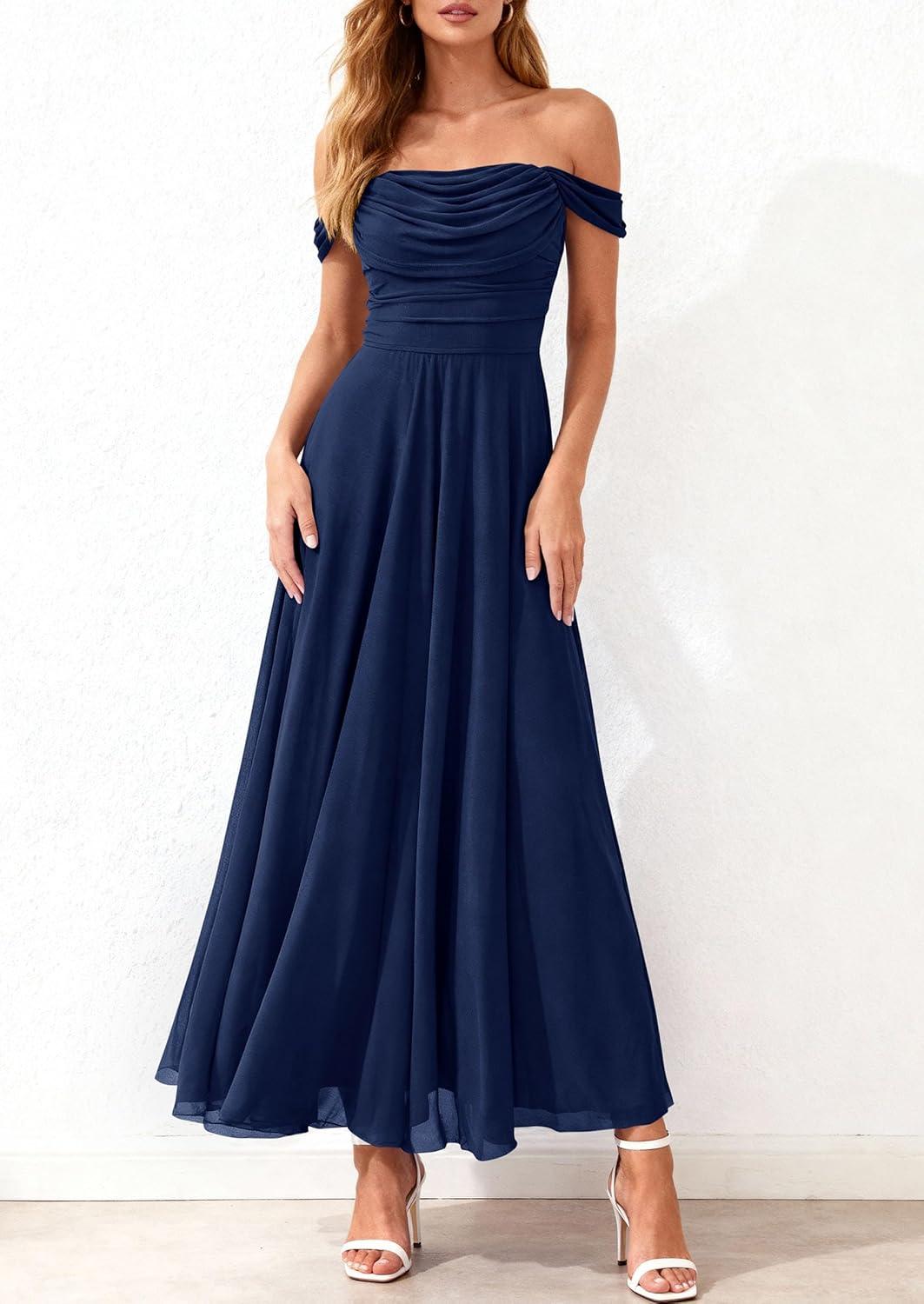 imagePRETTYGARDEN Womens Off Shoulder Maxi Summer Dresses 2026 Elegant Mesh Aline Swing Ruched Flowy Cocktail Wedding Guest DressNavy