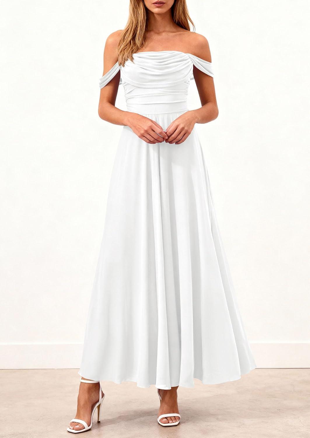 imagePRETTYGARDEN Womens Off Shoulder Maxi Summer Dresses 2026 Elegant Mesh Aline Swing Ruched Flowy Cocktail Wedding Guest DressWhite