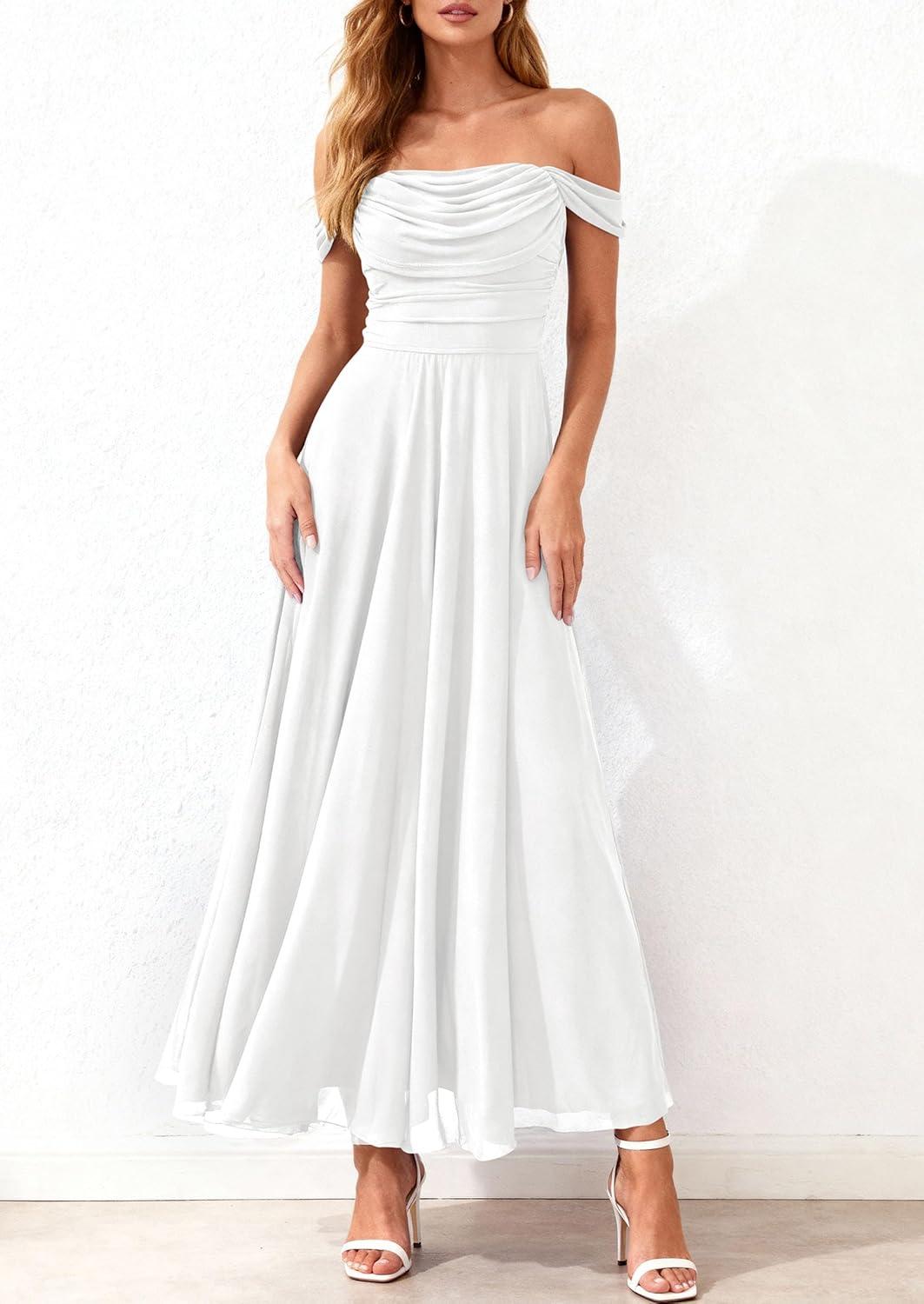 imagePRETTYGARDEN Womens Off Shoulder Maxi Summer Dresses 2026 Elegant Mesh Aline Swing Ruched Flowy Cocktail Wedding Guest DressWhite