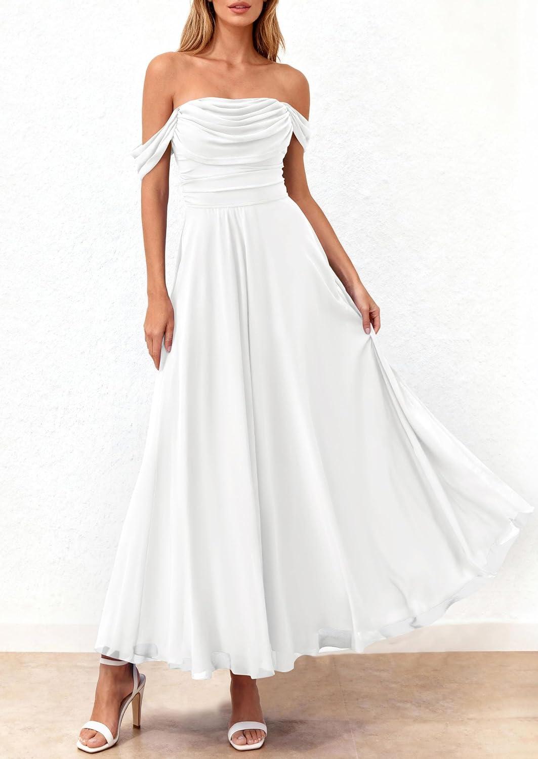 imagePRETTYGARDEN Womens Off Shoulder Maxi Summer Dresses 2026 Elegant Mesh Aline Swing Ruched Flowy Cocktail Wedding Guest DressWhite