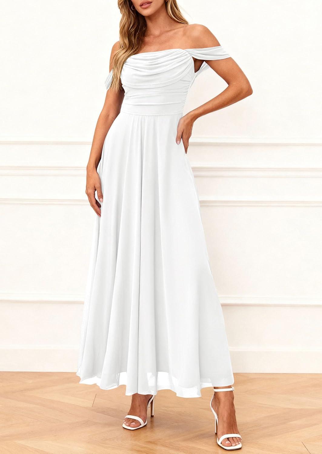 imagePRETTYGARDEN Womens Off Shoulder Maxi Summer Dresses 2026 Elegant Mesh Aline Swing Ruched Flowy Cocktail Wedding Guest DressWhite