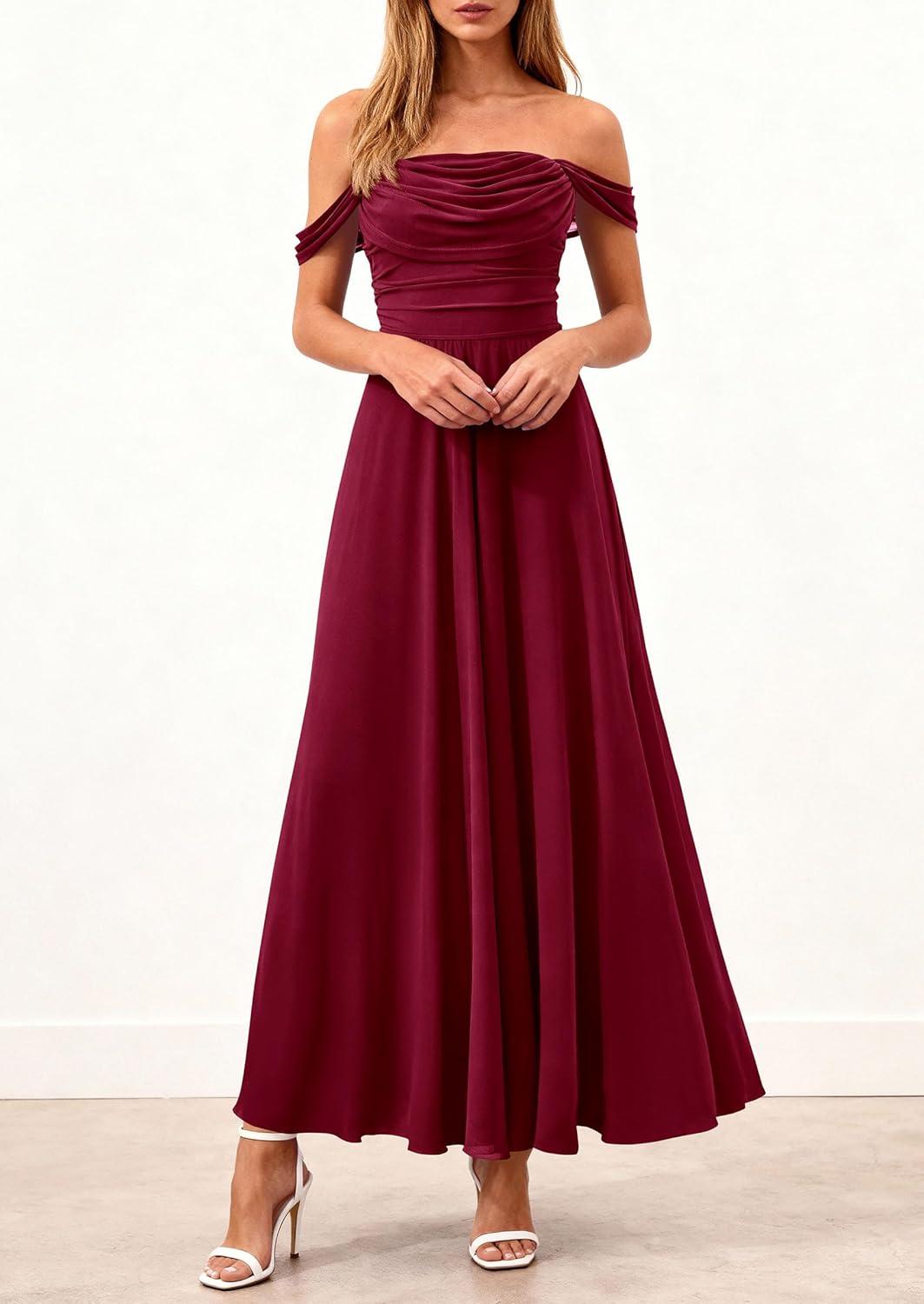 imagePRETTYGARDEN Womens Off Shoulder Maxi Summer Dresses 2026 Elegant Mesh Aline Swing Ruched Flowy Cocktail Wedding Guest DressWine Red