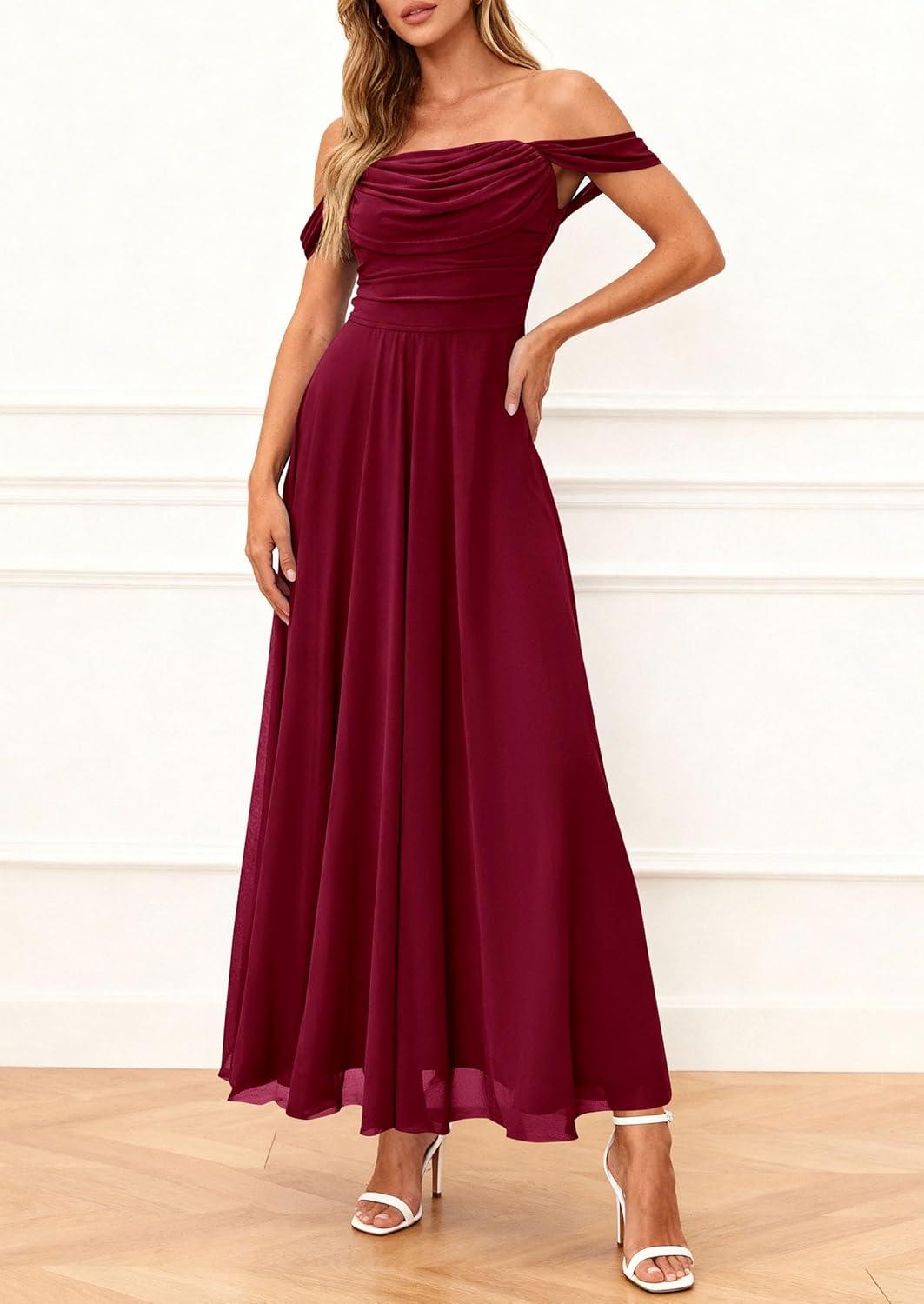 imagePRETTYGARDEN Womens Off Shoulder Maxi Summer Dresses 2026 Elegant Mesh Aline Swing Ruched Flowy Cocktail Wedding Guest DressWine Red