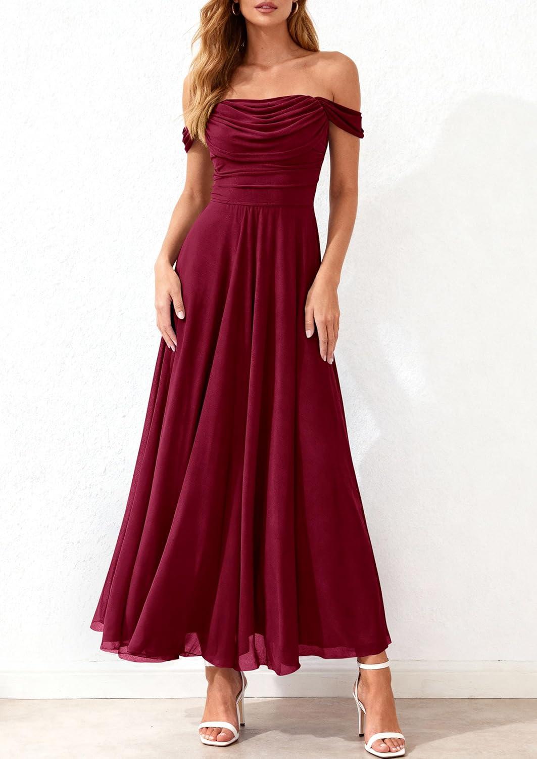 imagePRETTYGARDEN Womens Off Shoulder Maxi Summer Dresses 2026 Elegant Mesh Aline Swing Ruched Flowy Cocktail Wedding Guest DressWine Red