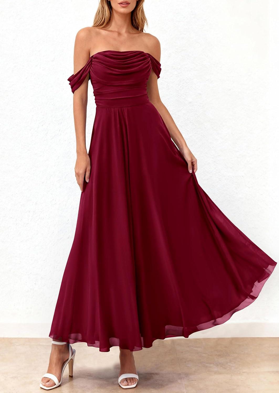 imagePRETTYGARDEN Womens Off Shoulder Maxi Summer Dresses 2026 Elegant Mesh Aline Swing Ruched Flowy Cocktail Wedding Guest DressWine Red