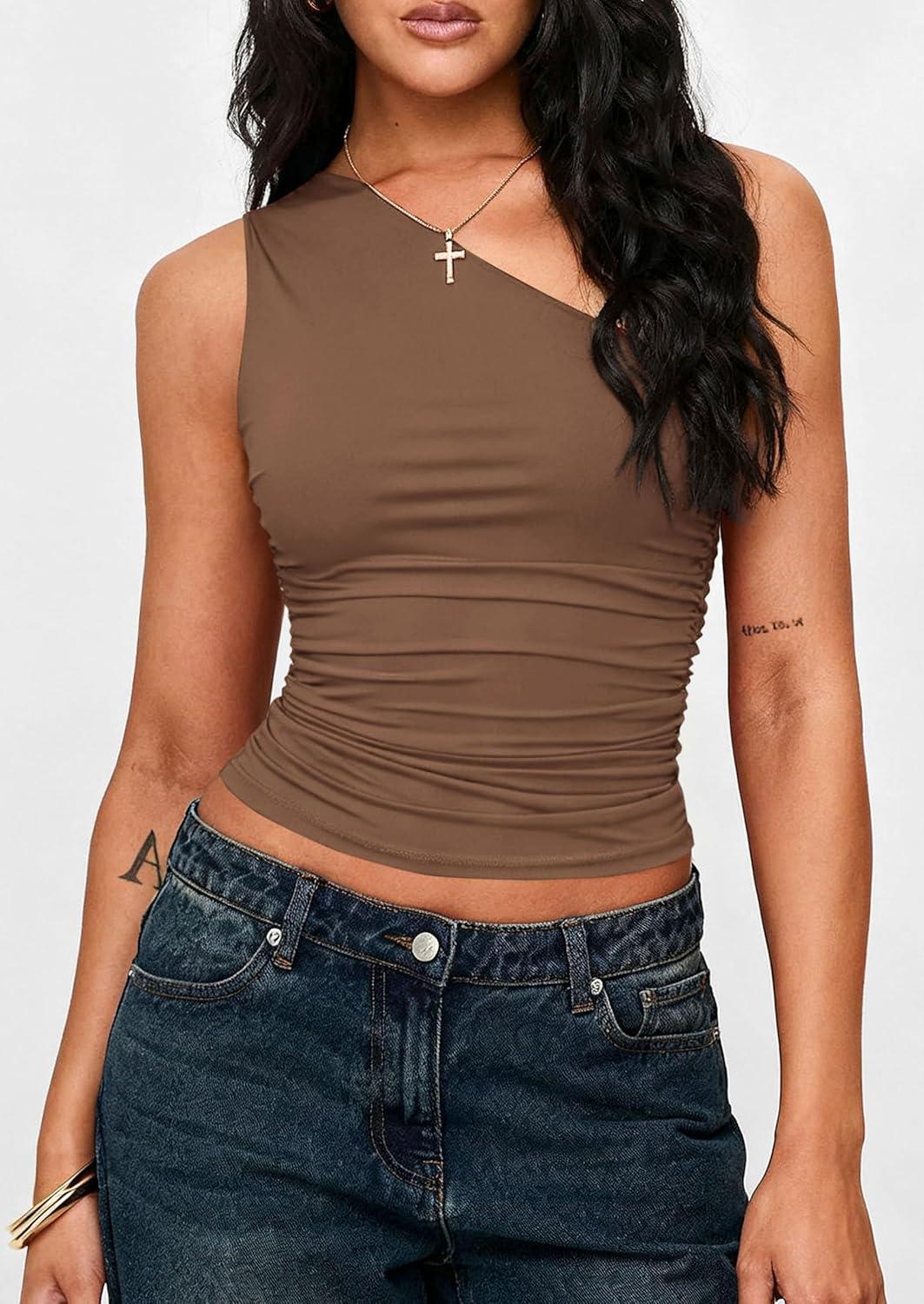 imagePRETTYGARDEN Womens Sleeveless One Shoulder Tank Top Ruched Slim Fit Shirts Basic Crop Y2k Tops 2026 Spring Fashion ClothingCoffee